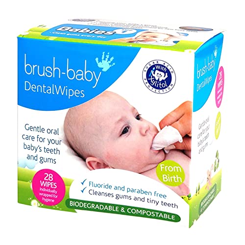 Toallitas dentales Brush-Baby para bebés | Nacimiento - Primeros dientes | 0-16 meses | Toallitas para limpiar suavemente la boca, encías y lengua del bebé | Pack de 28 toallitas individuales