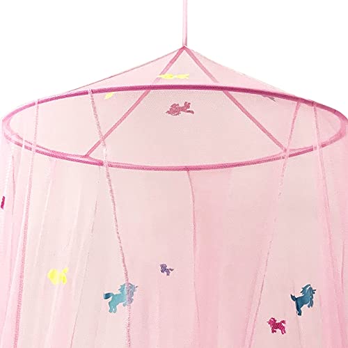 Toldo rosa para cama de niñas con unicornios prepegados que brillan en la oscuridad – Princesa Mosquitera Decoración de habitación – Tienda de campaña para dormitorio de niños y bebés con luces Galaxy