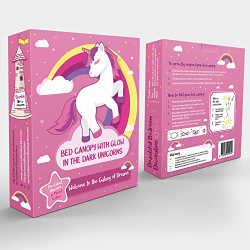 Toldo rosa para cama de niñas con unicornios prepegados que brillan en la oscuridad – Princesa Mosquitera Decoración de habitación – Tienda de campaña para dormitorio de niños y bebés con luces Galaxy