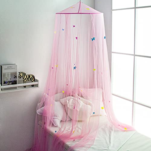 Toldo rosa para cama de niñas con unicornios prepegados que brillan en la oscuridad – Princesa Mosquitera Decoración de habitación – Tienda de campaña para dormitorio de niños y bebés con luces Galaxy