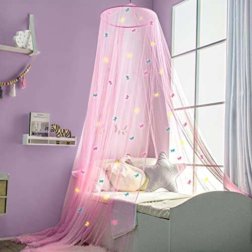 Toldo rosa para cama de niñas con unicornios prepegados que brillan en la oscuridad – Princesa Mosquitera Decoración de habitación – Tienda de campaña para dormitorio de niños y bebés con luces Galaxy