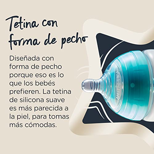 Tommee Tippee Biberón Anti-cólicos Avanzado, 260 ml, Transparente y Azul Clarito, Flujo Progresivo, Tetina Similar al Pecho, Sensor Térmico, 1 Unidad