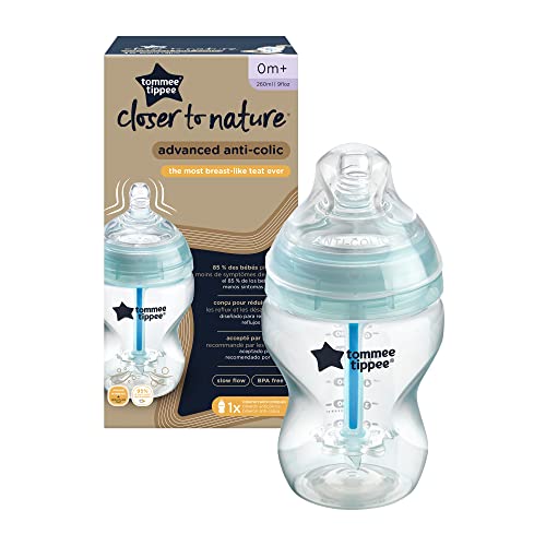 Tommee Tippee Biberón Anti-cólicos Avanzado, 260 ml, Transparente y Azul Clarito, Flujo Progresivo, Tetina Similar al Pecho, Sensor Térmico, 1 Unidad