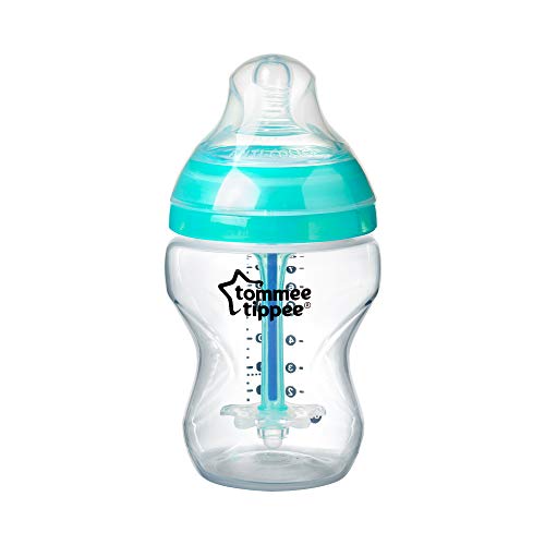 Tommee Tippee Biberón Anti-cólicos Avanzado, 260 ml, Transparente y Azul Clarito, Flujo Progresivo, Tetina Similar al Pecho, Sensor Térmico, 1 Unidad