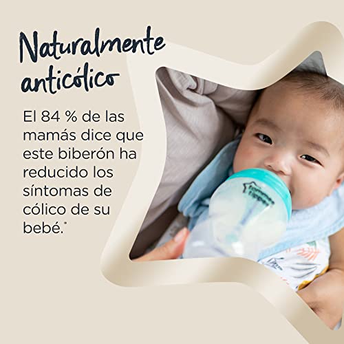 Tommee Tippee Biberón Anti-cólicos Avanzado, 260 ml, Transparente y Azul Clarito, Flujo Progresivo, Tetina Similar al Pecho, Sensor Térmico, 1 Unidad