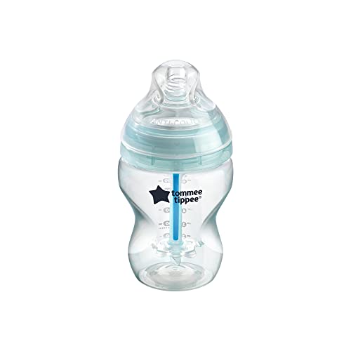 Tommee Tippee Biberón Anti-cólicos Avanzado, 260 ml, Transparente y Azul Clarito, Flujo Progresivo, Tetina Similar al Pecho, Sensor Térmico, 1 Unidad