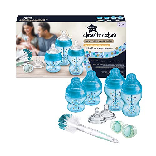 Tommee Tippee - Kit de Biberones Recién Nacido Anticólico, Tetina con Forma de Pecho y Sistema de Aireación Anticólico, Tamaños Mixtos, Azul