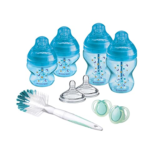 Tommee Tippee - Kit de Biberones Recién Nacido Anticólico, Tetina con Forma de Pecho y Sistema de Aireación Anticólico, Tamaños Mixtos, Azul