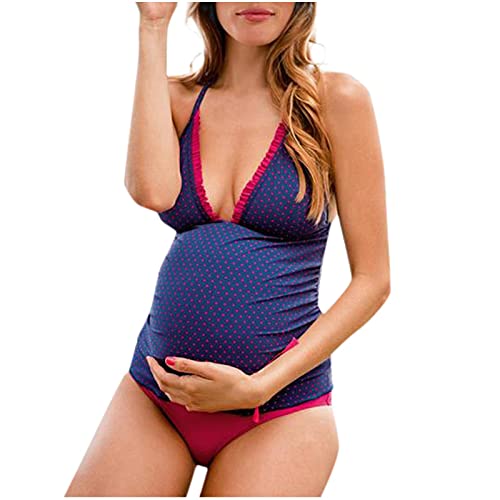 Traje de baño de Maternidad Premamá Verano triángulo Halter Bikini 1 Pieza Bañador Mujer Color sólido Wave Point Maternidad Traje de Baño Sexy Halter Tankini para Dama Vintage Embarazada Azul