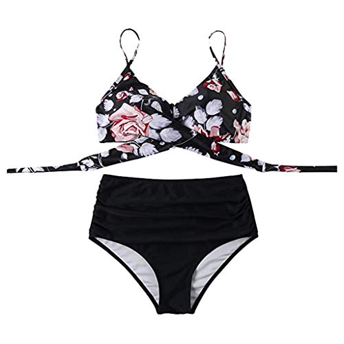 Traje de baño de mujer de cintura alta, 2 piezas, estampado floral, Beach set Push Up, Beachwear Tankini, Cross Sexy acolchado sujetador bikini, deportivo clásico Swimsuit, 01 Rosa, XL