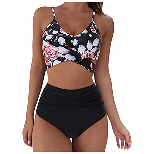 Traje de baño de mujer de cintura alta, 2 piezas, estampado floral, Beach set Push Up, Beachwear Tankini, Cross Sexy acolchado sujetador bikini, deportivo clásico Swimsuit, 01 Rosa, XL