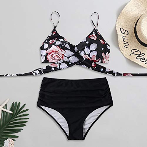 Traje de baño de mujer de cintura alta, 2 piezas, estampado floral, Beach set Push Up, Beachwear Tankini, Cross Sexy acolchado sujetador bikini, deportivo clásico Swimsuit, 01 Rosa, XL