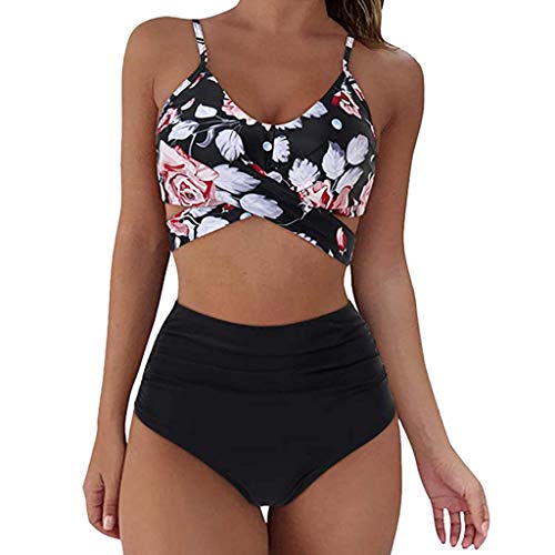 Traje de baño de mujer de cintura alta, 2 piezas, estampado floral, Beach set Push Up, Beachwear Tankini, Cross Sexy acolchado sujetador bikini, deportivo clásico Swimsuit, 01 Rosa, XL