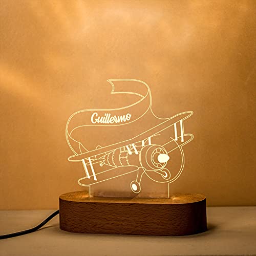 Transparent Gift Lámpara de Mesa 3D Led Infantil Diseño de Avión Personalizada - Lámpara de Metacrilato con Luz Nocturna Ajustable - El Regalo Original para niños, baby shower, bautizo y cumpleaños