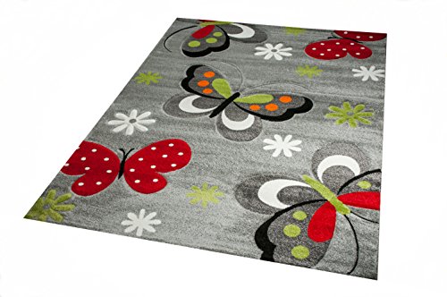 Traum Alfombra Infantil Juego Alfombra Mariposa diseño Gris Rojo Verde Negro Blanco tamaño 200 x 290 cm