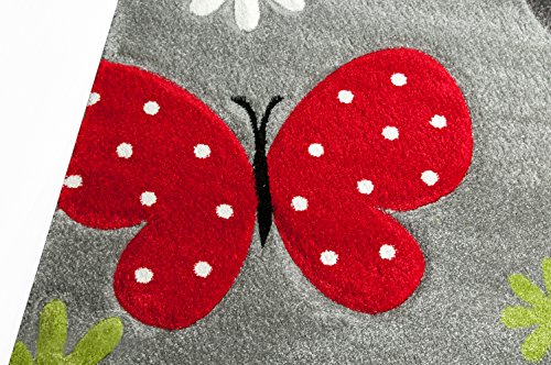 Traum Alfombra Infantil Juego Alfombra Mariposa diseño Gris Rojo Verde Negro Blanco tamaño 200 x 290 cm