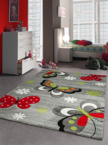 Traum Alfombra Infantil Juego Alfombra Mariposa diseño Gris Rojo Verde Negro Blanco tamaño 200 x 290 cm