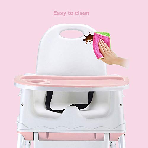 Trona para Bebes, LADUO Trona Portatil y Convertible con 4 Ruedas, Bandeja Ajustable, Cojín Comfort para Bebé (Rosa)