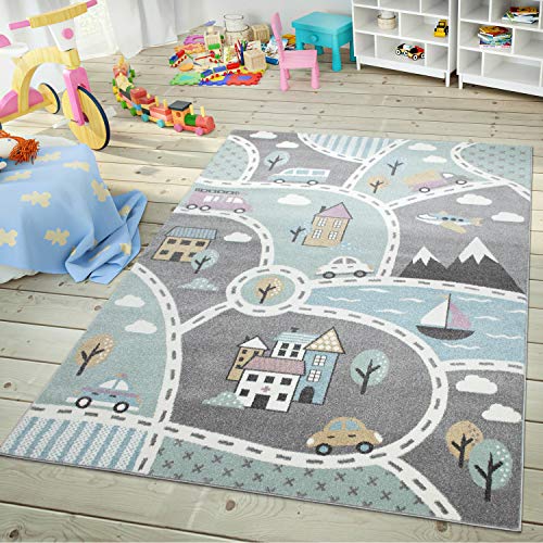 TT Home Alfombra Infantil, Alfombra Juegos Infantil, Dibujos De Ciudad, Verde Y Gris, Tamaño:120x170 cm