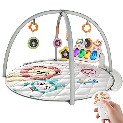 TUMAMA Baby Playmat Activity Gym para piso con juguetes colgantes suaves musicales y ligeros Control remoto Play Kick & Piano Sleep Soother Sound para niños pequeños