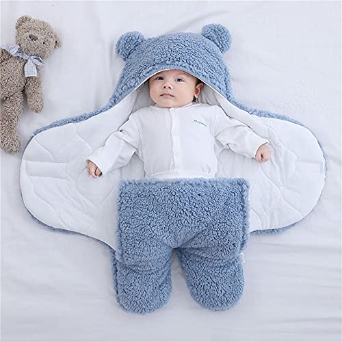 TURMIN Manta Envolvente para Bebé Recién Nacido, Abrigo de Invierno Bebés Swaddle, Suave Felpa Abrigo Cálido con Capucha, Manta Saco de Dormir para Bebés-Azul-M(3-6 Meses)