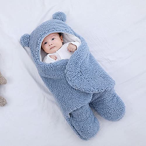 TURMIN Manta Envolvente para Bebé Recién Nacido, Abrigo de Invierno Bebés Swaddle, Suave Felpa Abrigo Cálido con Capucha, Manta Saco de Dormir para Bebés-Azul-M(3-6 Meses)