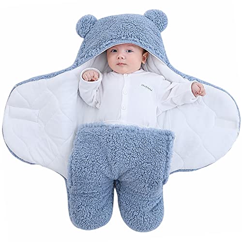 TURMIN Manta Envolvente para Bebé Recién Nacido, Abrigo de Invierno Bebés Swaddle, Suave Felpa Abrigo Cálido con Capucha, Manta Saco de Dormir para Bebés-Azul-M(3-6 Meses)