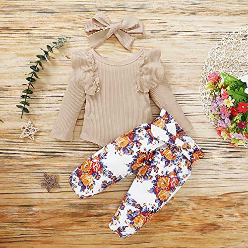 U-Sinmule Conjunto de ropa floral para niñas bebés Mameluco de manga larga + Pantalones largos + Diadema Conjunto de regalo para niña recién nacida, Albaricoque, 3-6 meses