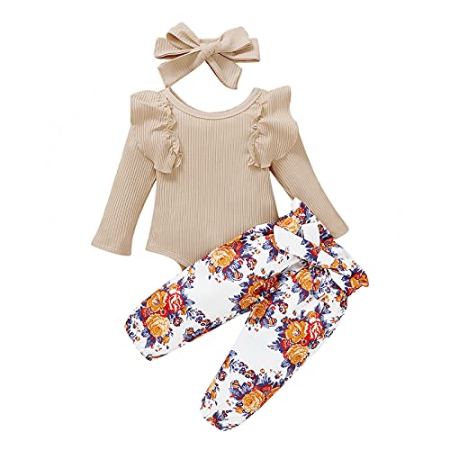 U-Sinmule Conjunto de ropa floral para niñas bebés Mameluco de manga larga + Pantalones largos + Diadema Conjunto de regalo para niña recién nacida, Albaricoque, 3-6 meses