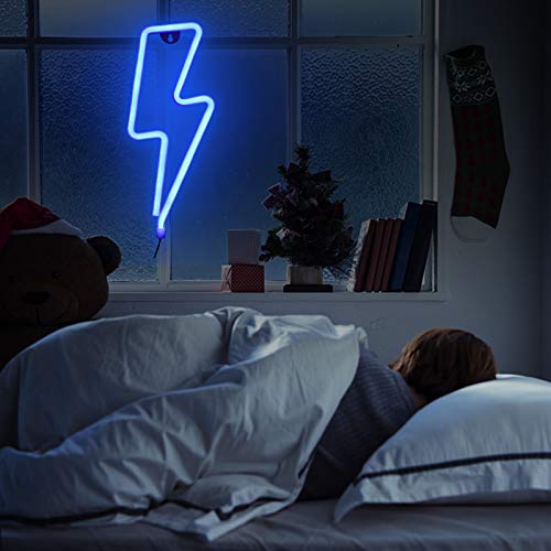 Umitive Letreros de Neon Rayo, Luz Neón LED con 2 Ganchos, Batería o USB Accionado, Ahorro de Energía, Señal de Neón Lámparas, Azul Muestra Ligera de Neón para Decoración de Pared, Fiesta y Habitación