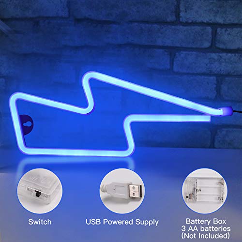 Umitive Letreros de Neon Rayo, Luz Neón LED con 2 Ganchos, Batería o USB Accionado, Ahorro de Energía, Señal de Neón Lámparas, Azul Muestra Ligera de Neón para Decoración de Pared, Fiesta y Habitación