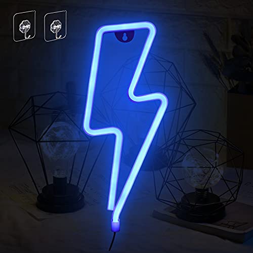 Umitive Letreros de Neon Rayo, Luz Neón LED con 2 Ganchos, Batería o USB Accionado, Ahorro de Energía, Señal de Neón Lámparas, Azul Muestra Ligera de Neón para Decoración de Pared, Fiesta y Habitación