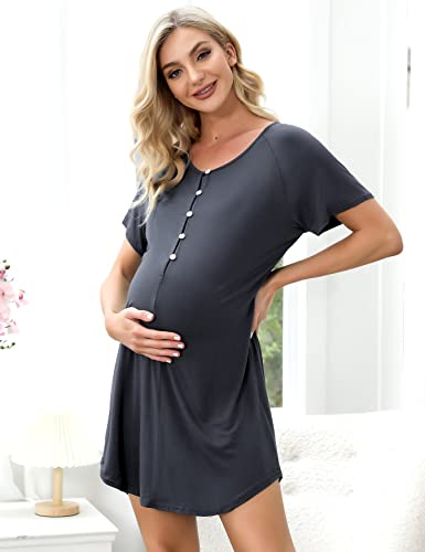 Uniexcosm Camison Embarazada, Camisón Maternidad Lactancia Algodon Camison Premamá Corta Camisón Lactancia Mangas Raglán con Botones Camisón con Cuello en V para Hospital Hogar Gris Neto S