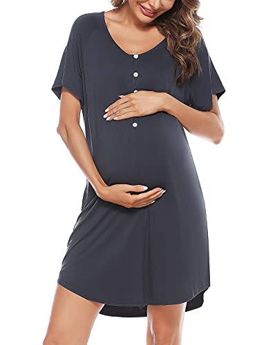 Uniexcosm Camison Embarazada, Camisón Maternidad Lactancia Algodon Camison Premamá Corta Camisón Lactancia Mangas Raglán con Botones Camisón con Cuello en V para Hospital Hogar Gris Neto S