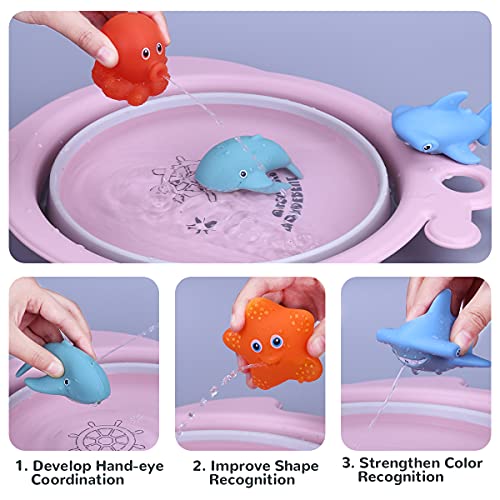 Vacoulery Juguetes Bañera Bebe, 8Pcs Juguetes de Baño Pato Flotantes para Bebé Niños Juguetes Acuáticos Diversión Sonido Lavado Baño Swim (Red de Pesca de 1pc y Juguetes de Animales flotantes 7pcs)