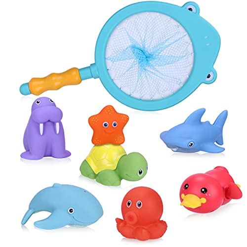 Vacoulery Juguetes Bañera Bebe, 8Pcs Juguetes de Baño Pato Flotantes para Bebé Niños Juguetes Acuáticos Diversión Sonido Lavado Baño Swim (Red de Pesca de 1pc y Juguetes de Animales flotantes 7pcs)