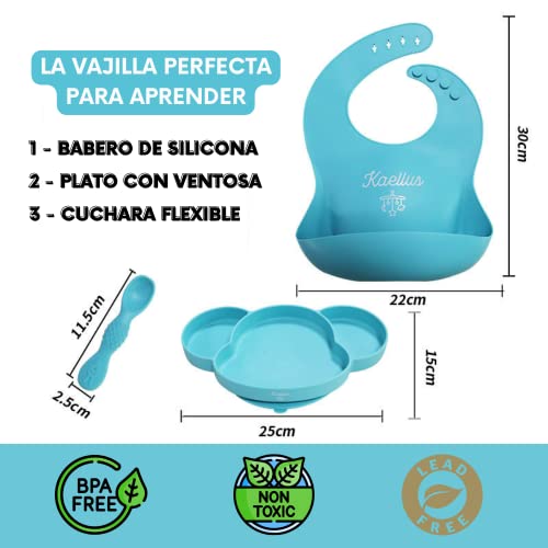 Vajilla bebe ventosa de silicona, set de vajilla infantil, babero de silicona + plato bebe ventosa + cuchara de silicona.