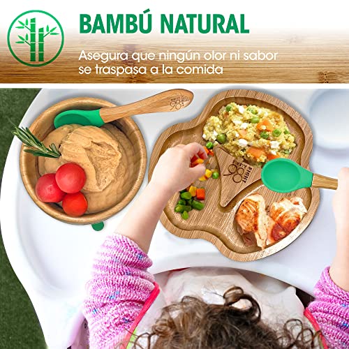 Vajilla infantil de bambú. Set de plato y vaso de bambú con cuchara para bebes