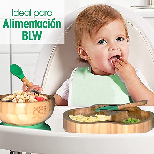 Vajilla infantil de bambú. Set de plato y vaso de bambú con cuchara para bebes