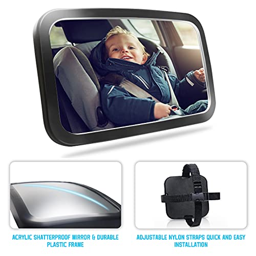 VASEN Espejo Coche Bebé Asiento Trasero Espejo Retrovisor Coche Bebé 100% Inastillable 360° Giratorio XXL Gran Tamaño Espejo Retrovisor Coche para Bebé Niños