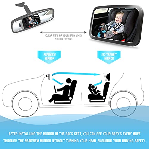 VASEN Espejo Coche Bebé Asiento Trasero Espejo Retrovisor Coche Bebé 100% Inastillable 360° Giratorio XXL Gran Tamaño Espejo Retrovisor Coche para Bebé Niños