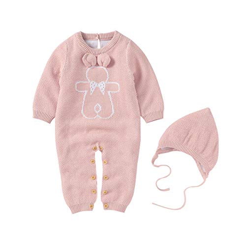 Verve Jelly Mameluco de manga larga con botones sólidos para bebé recién nacido, unisex, mono de punto de una pieza con sombrero, conjunto de ropa rosa 100 18-24 meses