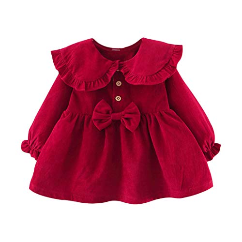 Vestido 6-24 Meses Pana para Bebé Vestidos para Niñas Princesa Infantil Falda Fiesta con Bowknot Solapa de Encaje Color Sólido Mangas Elásticas Lindo