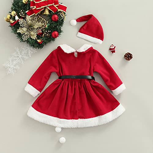 Vestido de Navidad para Bebé Niña Vestido Navideño de Felpa con Manga Larga y Gorra de Navidad 3 pcs Traje de Navidad para Chica de 1 a 5 Años (Rojo, 18-24 Meses)