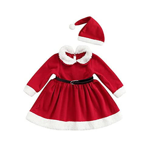 Vestido de Navidad para Bebé Niña Vestido Navideño de Felpa con Manga Larga y Gorra de Navidad 3 pcs Traje de Navidad para Chica de 1 a 5 Años (Rojo, 18-24 Meses)