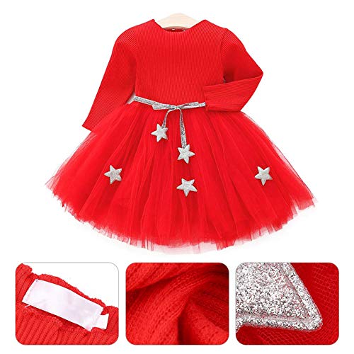 Vestido de tutú de punto con mangas largas para bebés Vestido de tul con princesa infantil y falda con mezcla de algodón con cintura de estrellas para niños(70-rojo)