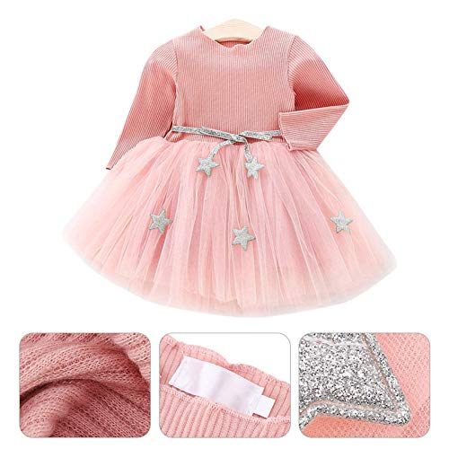 Vestido de tutú de punto con mangas largas para bebés Vestido de tul con princesa infantil y falda con mezcla de algodón con cintura de estrellas para niños(100-Rosado)