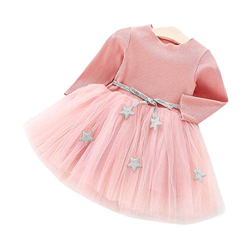 Vestido de tutú de punto con mangas largas para bebés Vestido de tul con princesa infantil y falda con mezcla de algodón con cintura de estrellas para niños(100-Rosado)