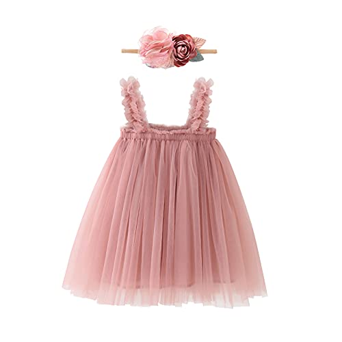 Vestido de tutú para bebé o niña, sin mangas, vestido de princesa, vestido de tul, vestido de fiesta + diadema de flores, Rosa, 2-3 Años