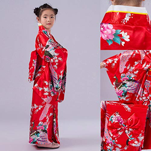 Vestido Niñas Kimono Japones Niños Vestidos para Niña Niños Yukata Tradicional Ropa Niña Satén Soft Flor Peacock Estampado Albornoces Pijamas para los Niños Fotografia Cosplay (Rojo, 9-10 años)